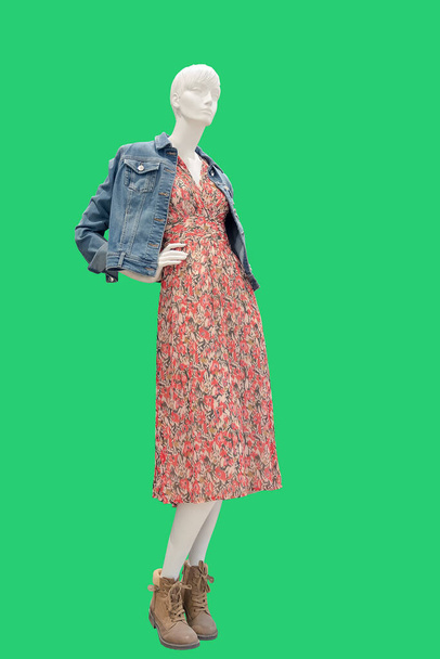 Imagen de longitud completa de un maniquí de exhibición femenina con ropa de moda aislada sobre un fondo verde.  - Foto, Imagen