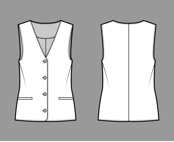 Düğme önü yelek teknik moda illüstrasyon kolsuz, çizgili arka cepleri, düz beden giyimi - Vektör, Görsel