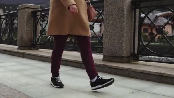 Mujer paseando por la pasarela vallada - Imágenes, Vídeo