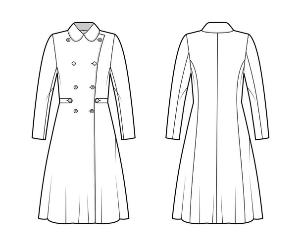 Bruslení kabát technické módní ilustrace s záložkami, dvojité prsy, dlouhé rukávy, kulatý límec, A-line silueta - Vektor, obrázek