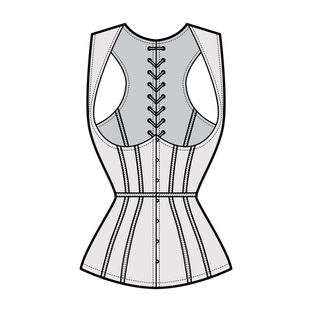 Corset gilet vest технічна мода ілюстрація з безрукавом, Корд ззаду замикання, тонкий підходять, китів одяг - Вектор, зображення