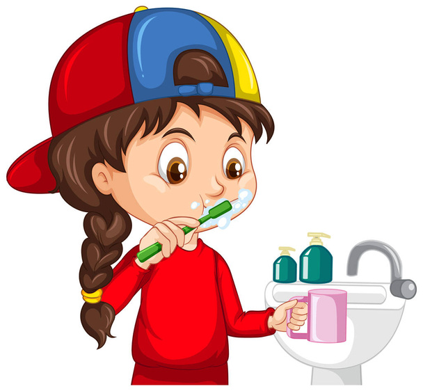 Kız çizgi film karakteri, dişlerini lavabo resimleriyle fırçalıyor. - Vektör, Görsel