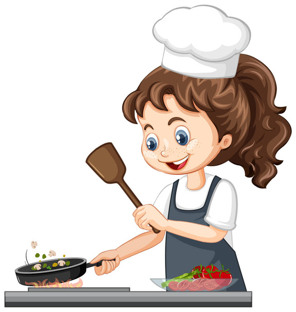 Carino ragazza personaggio indossa cuoco cappello cucina cibo illustrazione - Vettoriali, immagini