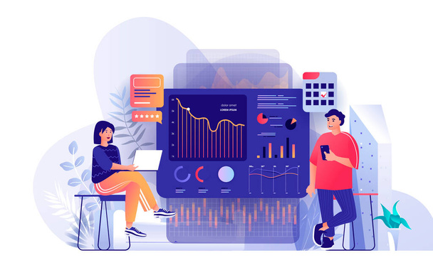 Big Data analysis scene. Man and woman analyzing charts, diagram and graphs at dashboard. Business strategy and analytics, management concept. Vector illustration of people characters in flat design - Vector, Image