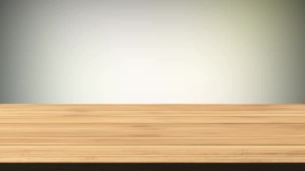 Κενό ξύλινο τραπέζι μπροστά από καφέ και πράσινο φόντο. Φαινόμενο φωτός και διαρροής. HD πλάνα - Πλάνα, βίντεο