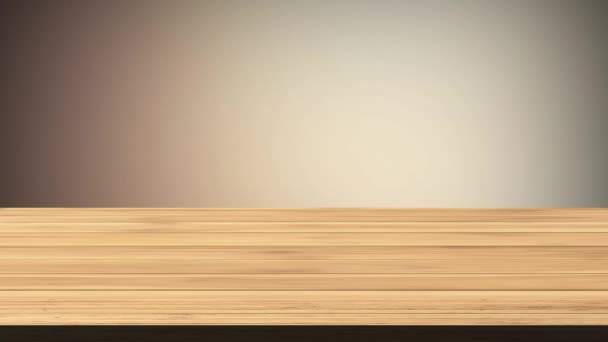 ライトオレンジと茶色の背景の前に空の木製のボードテーブル。光とリーク効果。HD映像 - 映像、動画