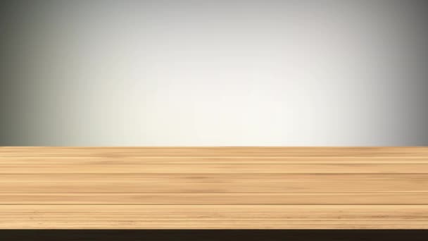 Lege houten bordtafel voor lichtgrijze en lichtgele achtergrond. Licht en lek effect. HD-beelden - Video