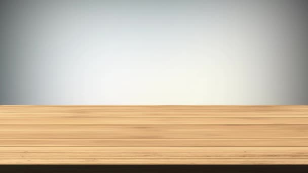 Mesa de madeira vazia na frente de fundo azul cinza claro e azul marinho. Luz e efeito de vazamento. Imagens em HD - Filmagem, Vídeo