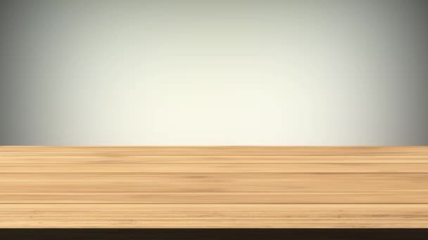 Açık turuncu ve açık gri arkaplanın önündeki boş tahta masa. Işık ve sızıntı etkisi. HD görüntüler - Video, Çekim
