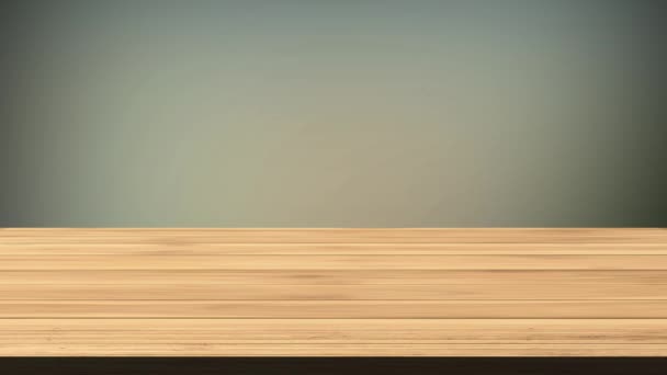 Mesa de madeira vazia na frente do fundo cinza claro e verde claro. Luz e efeito de vazamento. Imagens em HD - Filmagem, Vídeo