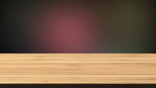 Tavolo in legno vuoto di fronte a sfarfallio sfondo multicolore. Effetto luce e perdite. Video HD - Filmati, video