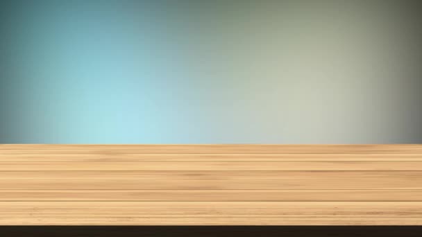 Mesa de madeira vazia na frente do céu azul e luz verde fundo. Luz e efeito de vazamento. Imagens em HD - Filmagem, Vídeo