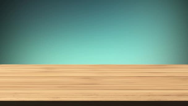 Mesa de madeira vazia na frente do fundo verde cintilante. Luz e efeito de vazamento. Imagens em HD - Filmagem, Vídeo