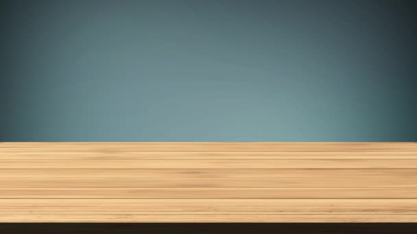 Prázdný dřevěný stůl před černošedým a modrým pozadím. Lehký a netěsný efekt. HD záznam - Záběry, video