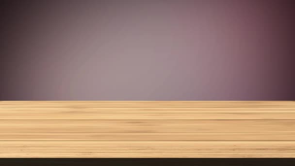 Tyhjä puinen pöytä edessä punaruskea ja vaaleansininen tausta. Kevyt ja vuotava vaikutus. HD-kuvamateriaalia - Materiaali, video