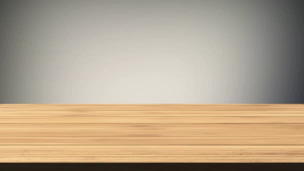 Tavolo vuoto in legno davanti a sfondo grigio e blu navy. Effetto luce e perdite. Video HD - Filmati, video