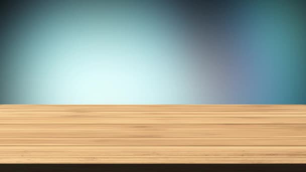 Üres fa tábla asztal előtt szürke és lila háttér. Fény és szivárgás hatás. HD felvétel - Felvétel, videó