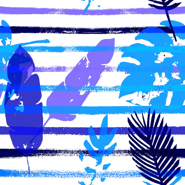 Sailor Stripes Vector Seamless Pattern, Μπλε ροζ μωβ λουλουδάτο ύφασμα. Υδατογραφία ζούγκλα αφήνει φθινοπωρινό ύφασμα. Παιδική ρετρό ιστορία. Τροπικό ύφασμα χωρίς ραφή Εκτύπωση - Διάνυσμα, εικόνα
