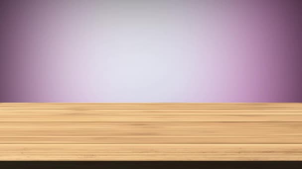 Κενό ξύλινο τραπέζι μπροστά από ανοιχτό ροζ και ανοιχτό καφέ φόντο. Φαινόμενο φωτός και διαρροής. HD πλάνα - Πλάνα, βίντεο