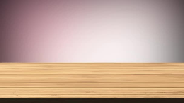 Empty wooden board table in front of light maroon and flickering greenish-blue background. Light and leak effect. HD footage - Footage, Video