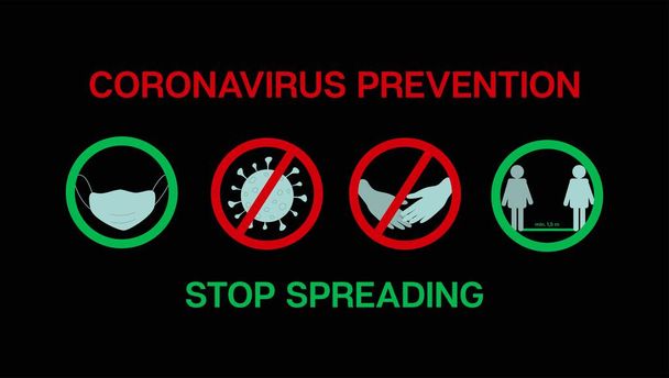 Powstrzymaj Coronavirus Quarantine Banner. COVID-19 Infografika Zapobiegawcza. Stop Coronavirus Cartoon nCoV 19 Vector Design. Przetrwał Wirus Ochrony płaskiej kreskówki. Wirus korony Social Distance Banner - Wektor, obraz