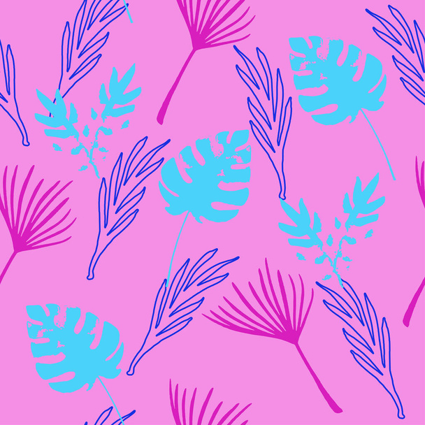Trendy Tropical Vector Seamless Pattern. Painted Floral Background. Elegant Male Shirt Female Dress Texture. Nice Summer Fashion. Monstera Feather Dandelion Banana Leaves Tropical Seamless Pattern. - Vector, Image