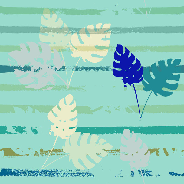 Sailor Stripes Vector Seamless Pattern, Blue, White, Yellow Exotic Floral Print. Tissu d'été peint à la main de feuilles de jungle. Childrens Trendy Background. Design floral exotique sans couture - Vecteur, image