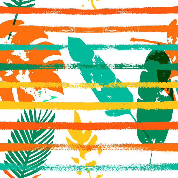 Palm, Banaan bladeren Vector naadloos patroon, Oranje Groen Levendig Exotische Floral Fabric Design. Geborsteld Jungle bladeren Herfst stof. Vrouwelijke Eclectische Achtergrond. Tropisch exotisch naadloos textiel - Vector, afbeelding
