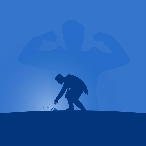 Geschäftsmann legt die Glühbirne auf den Boden mit starkem Mann auf blauem Farbverlauf Hintergrund Illustration Vektor. Motivationskonzept für Unternehmen. - Vektor, Bild