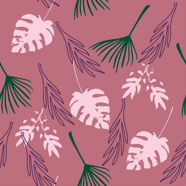 Funky Tropical Vector Seamless Pattern. Beautiful Male Shirt Female Dress Texture. Feather Banana Leaves Monstera Dandelion Tropical Seamless Pattern. Cool Summer Fabrics. Doodle Floral Background. - Vektor, Bild