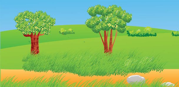 Illustration vectorielle représentant un beau paysage avec route de campagne, herbe et arbres. - Vecteur, image