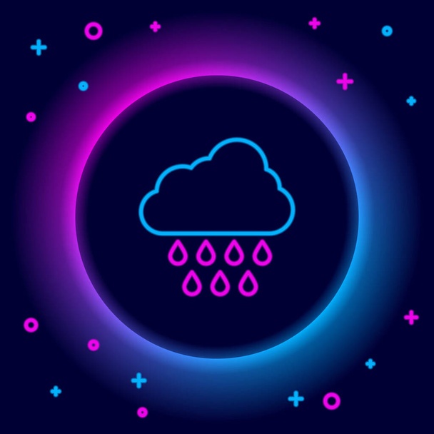 Leuchtende Neon Line Cloud mit Regensymbol auf schwarzem Hintergrund. Regenwolken mit Regentropfen. Buntes Rahmenkonzept. Vektor - Vektor, Bild