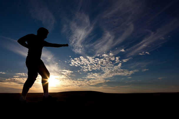 The silhouette of the guy against a decline, the beautiful sky, is engaged in martial arts - Photo, Image