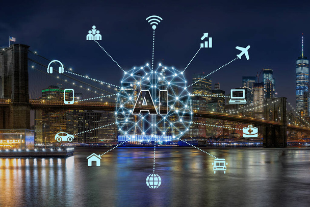 Inteligencia Artificial e Internet de las Cosas Tecnología sobre el puente de Brooklyn en la ciudad de Nueva York, Estados Unidos skyline céntrico, Arquitectura y edificio con turista, Ai y AR con el concepto de icono IOT - Foto, Imagen