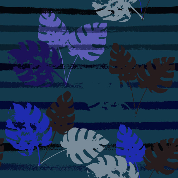Sailor Stripes Vector Seamless Pattern, Blue Pink Purple Indigo Floral Textile. Aventura Jungle deja tela de verano. Fondo femenino elegante. Tela exótica tropical sin costura - Vector, Imagen