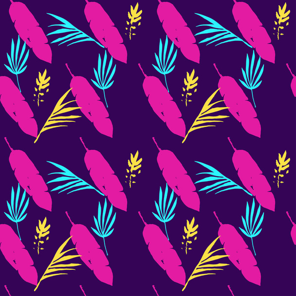 Hipster Tropical Vector Seamless Pattern. Bonito Summer Textile. Doodle Floral Background (en inglés). Diente de León Pluma Monstera Banana Hojas Tropical Patrón sin costura. Hermosa camisa masculina vestido femenino Textura. - Vector, imagen
