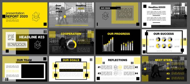 Set diapositive presentazione gialla. PPT Flyer Layout, Elementi infografici. Trendy Vector Relazione annuale di marketing Presentazione. Raffreddare orizzontale collezione di copertine. Volantino semplice, design di copertina. - Vettoriali, immagini