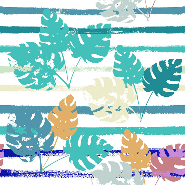 セーラーストライプベクトルシームレスパターン、ブルー、ホワイト、イエローエキゾチックな花のプリント。クールチックジャングルは秋の生地を残します。子供たちの電気的背景。エキゾチックな花のシームレスなデザイン - ベクター画像