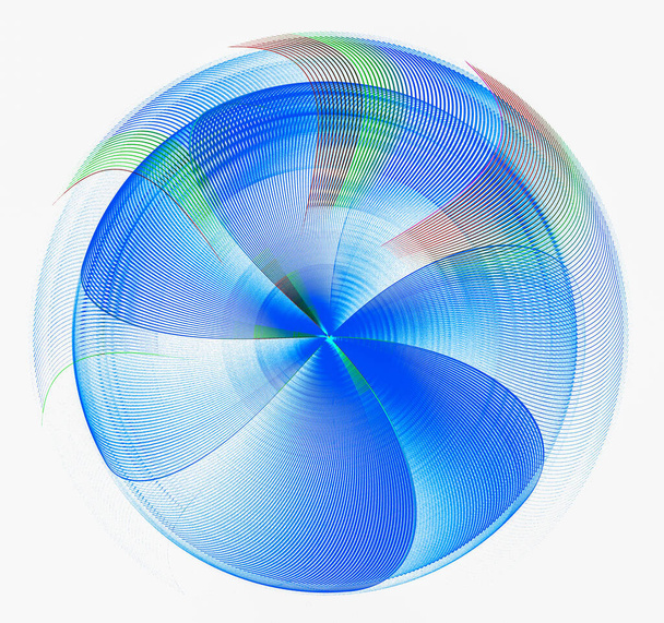 La hélice azul abstracta con rayas de colores gira rápidamente sobre un fondo blanco. Elemento de diseño gráfico. renderizado 3d. Ilustración 3d. Símbolo, signo, icono, logotipo. - Foto, Imagen