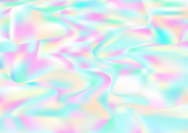 Hológrafo Mínimo Banner. Funda de holograma Rainbow Overlay. Gradiente Girlie Foil Holo Teal. Superposición de textura de neón, 80, 90 Fondo de música Luz líquida olográfica iridiscente Fondo de pantalla horizontal - Vector, imagen