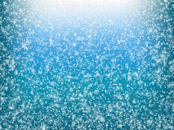 Падение снега Конфетти Зимний векторный фон. Рождество, Новый год Празднование Снежинки Модель. Реалистичный летающий снег, эффект грозового неба. Оформление зимней рекламы. Падающие снежные зимние конфетти на голубом - Вектор,изображение