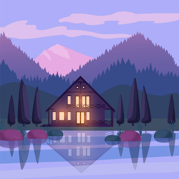 Vector illustration of an evening or dawn private house at the lake in the mountains - Vector, Image