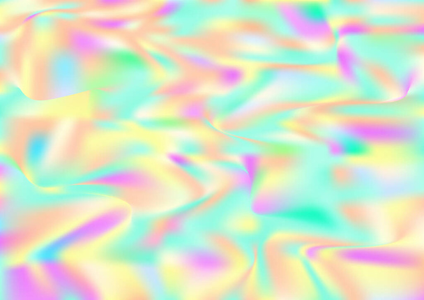 Holograph Dreamy Banner. Fluorescent Holographic Fluid Girlie Horizontal Wallpaper Rainbow Overlay Hologram Cover. Unfocused Girlie Foil Holo Teal. Neon Texture Overlay, 80s, 90s Music Background - Vector, Image