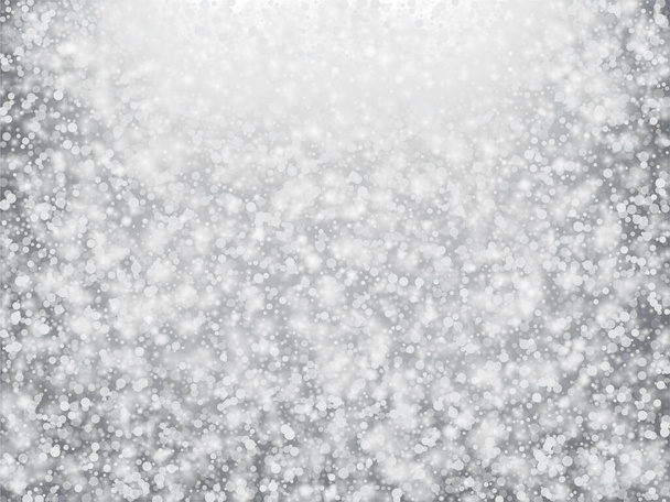 Падение снега Конфетти Зимний векторный фон. Рождество, Новый год Празднование Снежинки Модель. Реалистичный летающий снег, эффект грозового неба. Оформление зимней рекламы. Падающие снежные зимние конфетти на сером - Вектор,изображение