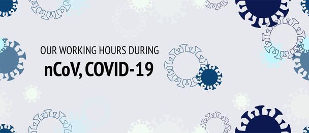 勤務時間COVID 19中, nCOV.ウイルス保護フラットコロナウェブページ。シームレスなコロナウイルスパターン。勤務時間COVID 19中, nCOV.フラット漫画コロナウイルス医療バナー. - ベクター画像