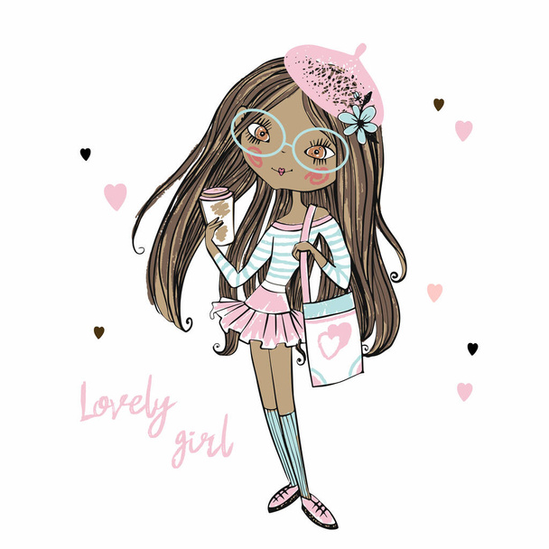 Χαριτωμένη fashionista σκούρο δέρμα έφηβος κορίτσι σε ένα ροζ μπερέ με ένα φλιτζάνι καφέ. Διάνυσμα - Διάνυσμα, εικόνα
