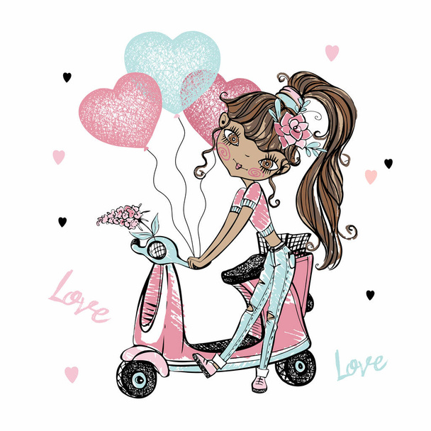 Carino ragazza adolescente dalla pelle scura si trova vicino al suo scooter con i cuori palloncini. Biglietto di San Valentino. Vettore - Vettoriali, immagini