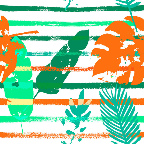 Sailor Stripes Vector Seamless Pattern, Orange Green Vivid Exotic Floral Fabric Design.  Botanical Jungle Leaves Autumn Fabric. Female Uneven Background. Exotic Floral Seamless Design - Vector, Image