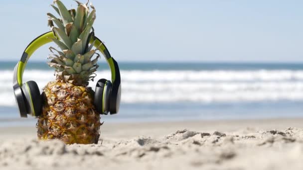 Pineapple in headphones, sandy ocean beach coast. Tropical summer exotic fruit. Ananas on shore. - Footage, Video