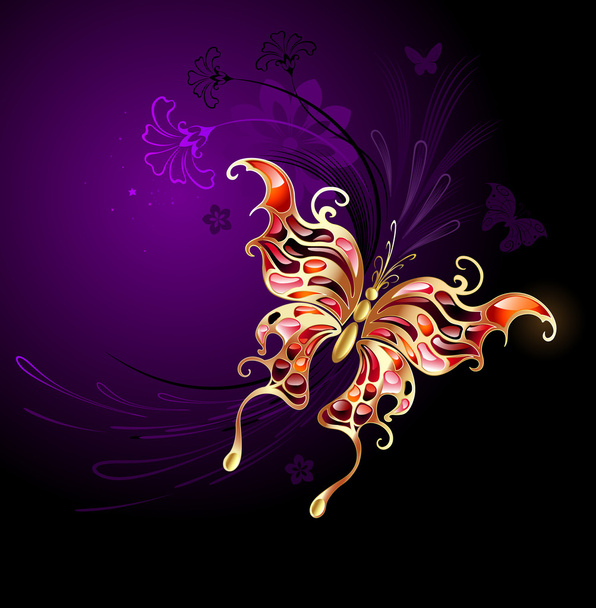 gold butterfly on a purple background - Vector, Image